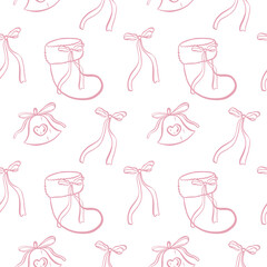Coquette core Christmas seamless pattern. Hand drawn line pink isolated Christmas stocking, bell and ribbon bow on transparent background. Whimsical print.