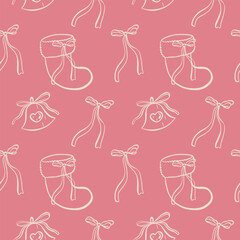 Coquette core Christmas seamless pattern. Hand drawn line pink isolated Christmas stocking, bell and ribbon bow. Whimsical print.