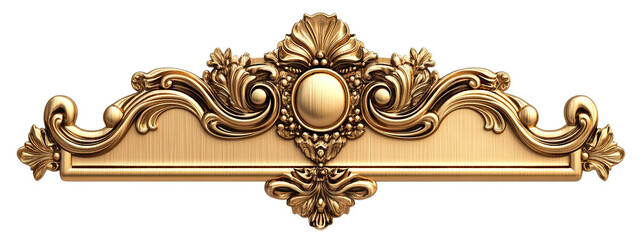 Baroque golden element with floral and swirl details, isolated on transparent cutout background