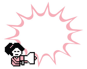 Pixel cartoon character woman cute with megaphone announcement speaker information announce decoration 8 bit female girl lady megaphone cartoon pixel game png vector.