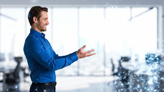 Happy Businessman Presenting Ideas in Modern Office - A side view of a smiling man in a blue shirt standing in a modern office, seemingly presenting or showcasing brilliant ideas visualized as