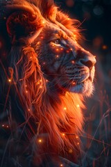 Enchanted neon lion glowing with fiery aura high resolution picture