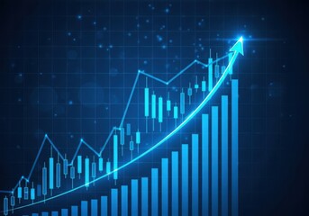 A glowing blue line graph shows a steep upward trend, indicating significant financial growth and positive market performance