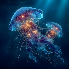 Enchanting neon jellyfish glowing in dark sea high resolution picture