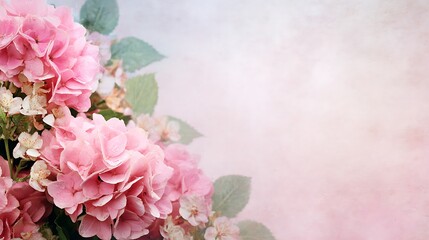 High quality image of beautiful pink hydrangea flower bouquet on a soft, textured background.