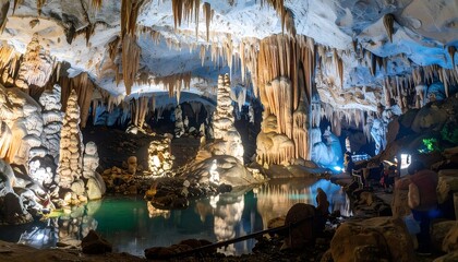 Cave interior, stalactites and stalagmites, reflecting pool