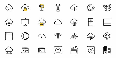 Digital icons collection featuring cloud computing, data storage, network signals, and business presentation tools for modern technology and connectivity themes