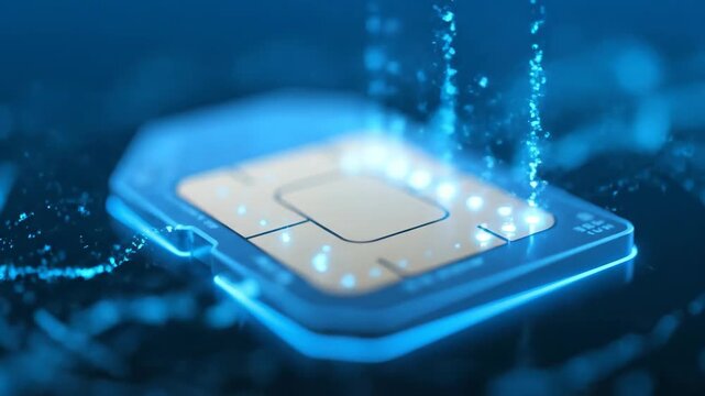 SIM Card Data Transfer - Close-up view of a SIM card with a glowing blue outline, digitally video against a dark blue background with abstract data streams.