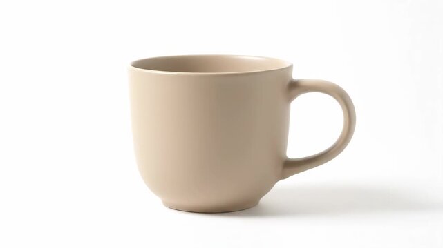 Beige Ceramic Mug on White - A simple beige ceramic mug with a handle is shown isolated on a white background. The mug is empty and appears to be made of a matte ceramic material.