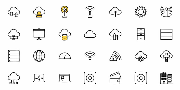 Digital icons collection featuring cloud computing, data storage, network signals, and business presentation tools for modern technology and connectivity themes