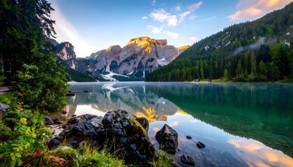 Lake reflecting a mountain range at sunrise, framed by foliage and foreground rocks