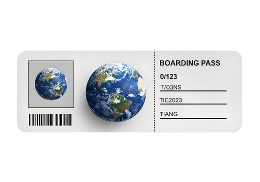 A boarding pass with earth globe image and barcode for travel and international flight concept design