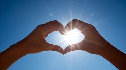 High quality image of hands forming a heart shape with the sun shining through the fingers.