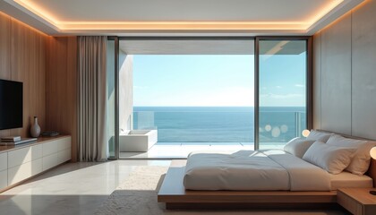 Fototapeta premium Luxury modern bedroom suite features king size bed facing expansive ocean view through floor-to-ceiling windows. Integrated spa tub on private balcony. Serene coastal scene, contemporary design,