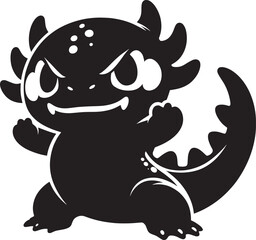 Fototapeta premium Cute black cartoon axolotl amphibian creature fierce expression playful pose ready to pounce