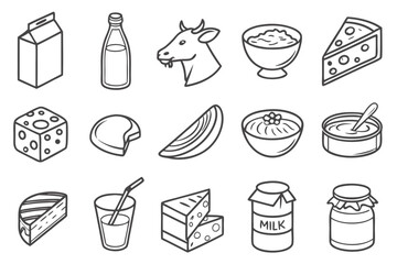 Dairy products vector illustration featuring milk cheese yogurt and other dairy food icons for design needs on transparent background
