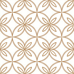 Fototapeta premium Seamless geometric pattern of interlocking golden circles and floral motifs repeating pattern