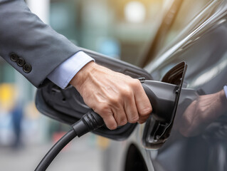 Businessman charging electric car with power cable