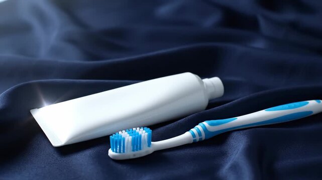 Sleek Toothbrush and Toothpaste on Fabric - A white toothpaste tube and a blue and white toothbrush rest on a dark blue fabric background.