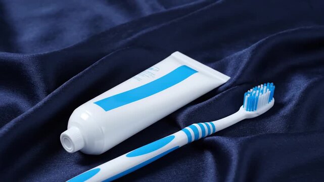 Toothbrush and Toothpaste on Silk Fabric - A sleek white toothpaste tube with a light blue stripe and a blue and white toothbrush rest on a luxurious, dark blue silk fabric.