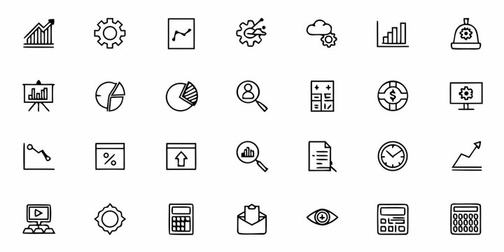 Dynamic business icons showcasing growth charts, gears, analytics, finance, and productivity tools for modern corporate presentations and digital strategy planning