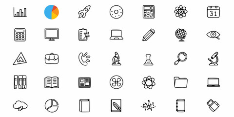 Captivating collection of hand-drawn icons representing business, science, technology, and education for modern presentations and creative projects