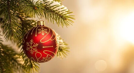 Red bauble on pine branch with snow christmas ornament