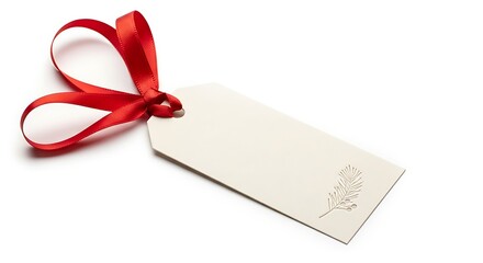 Cream tag red ribbon pine sprig gift tag label