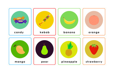 Colorful fruit and candy flashcards for children s education