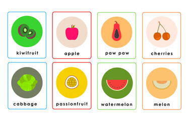 Colorful food flashcards for learning fruits vegetables and condiments