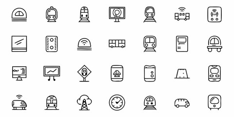 Fototapeta premium Modern transportation and technology icons collection featuring trains, buses, monitors, and communication signals for smart city concepts and travel planning.