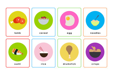 Set of colorful educational flashcards with food illustrations for children