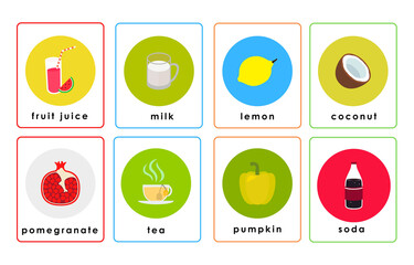 Colorful flashcards featuring fruits vegetables and drinks for learning