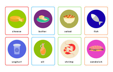 Colorful food flashcards for children learning about different foods