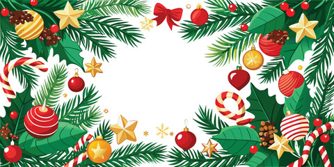 Christmas Garland Frame with Ornaments Stars and Candy Canes holiday festive vector illustration. 