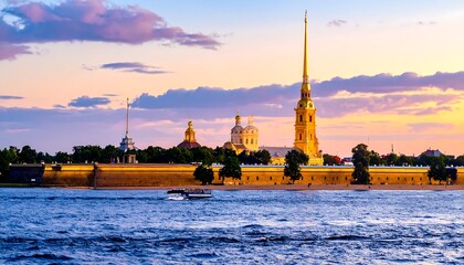 Coastal city skyline with spires and golden domes under a bright, colorful sunset sky