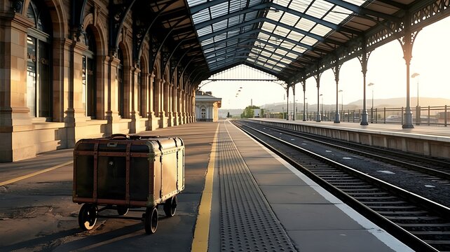 Vintage suitcase waits on an empty train station platform bathed in golden morning light.