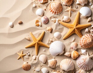 Summer beach background with starfish and various seashells on golden sand.