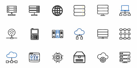 Fototapeta premium Dynamic collection of modern technology and network icons representing servers, clouds, and global connectivity for digital innovation and data management solutions