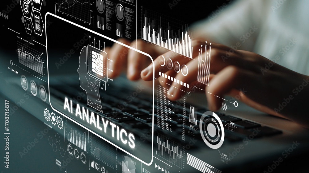 Poster hands typing on laptop with artificial intelligence analytics graphics displayed on screen for busin