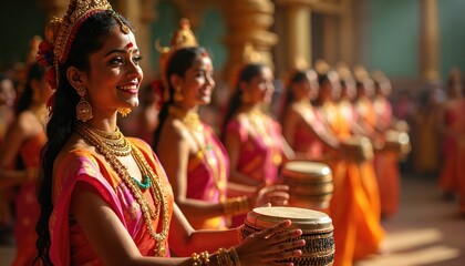 Dancers in vibrant Kandyan costumes perform traditional Sri Lankan dance. Women in colorful attire beat drums, cultural heritage, energetic rhythms. Rich beadwork, ornate jewelry highlight festive