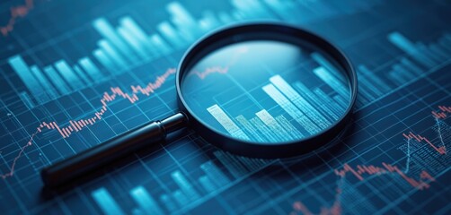 Magnifying glass examines blue grid chart showing data, statistics, financial trends. Focus on growth, fluctuations, anomalies for detailed research, analysis. Offers clarity, precision in