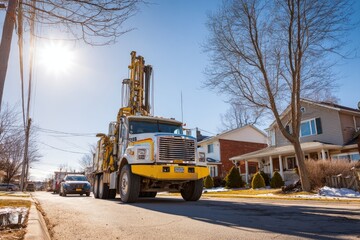 Construction vehicle working on a residential street with houses under a bright sun in early spring
