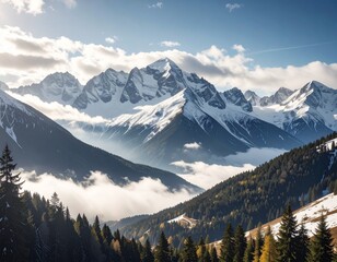 Sunlit snow covered mountain range towering over a misty valley forest.