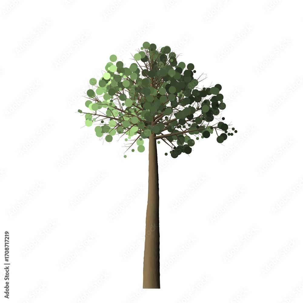 Poster a single tree with green leaves and a brown trunk set against a solid black background in simple sty