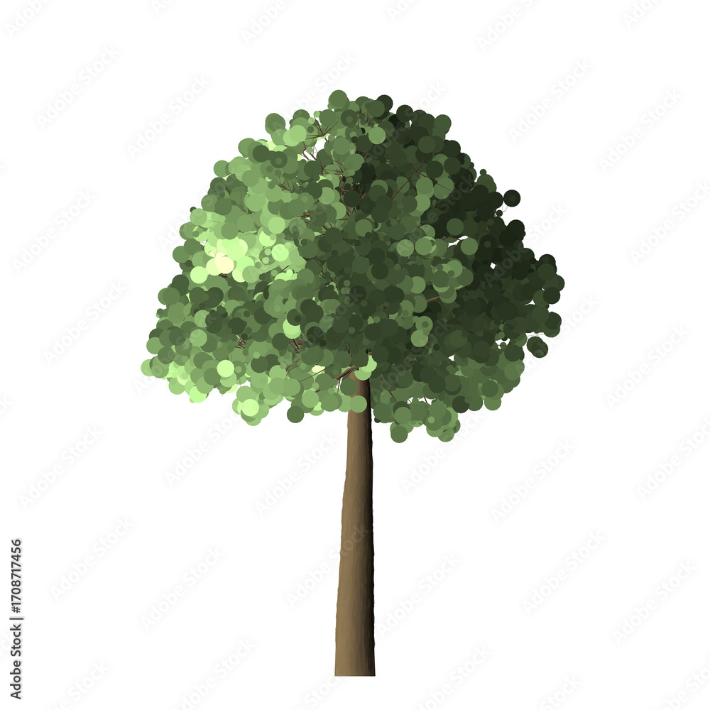 Poster a single tree with green leaves and a brown trunk on a black background in a simple digital renderin
