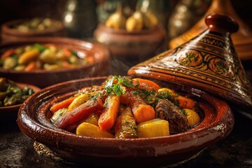 Traditional Moroccan tagine with vegetables and meat served in a ceramic dish at a cozy restaurant in the evening