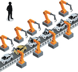 Automated factory: robotic arms assemble a car on an assembly line. A lone worker in the shadows symbolizes the replacement of human labor with artificial intelligence and automation.