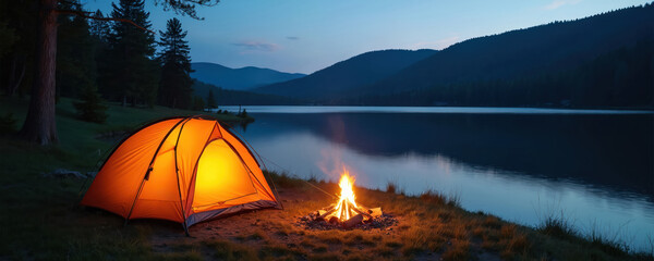 Glowing orange tent sits near serene lake with campfire at night. Mountains, forest surround scene. Starry sky above water reflect peaceful twilight camping adventure. Warm fire glow.