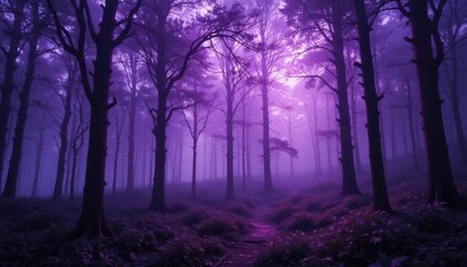 Where Shadows Dance  Amethyst Colored Light Filters Through a Dense Forest at Dusk, Creating an Ethereal and Enchanting Atmosphere